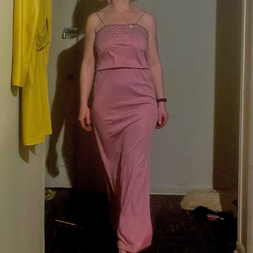 Vintage 1970s dusty rose maxi dress with rhinestone details.